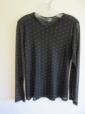 petit pois by Viviana G Black w/White Polkadots Sheer Pullover L Blouse
